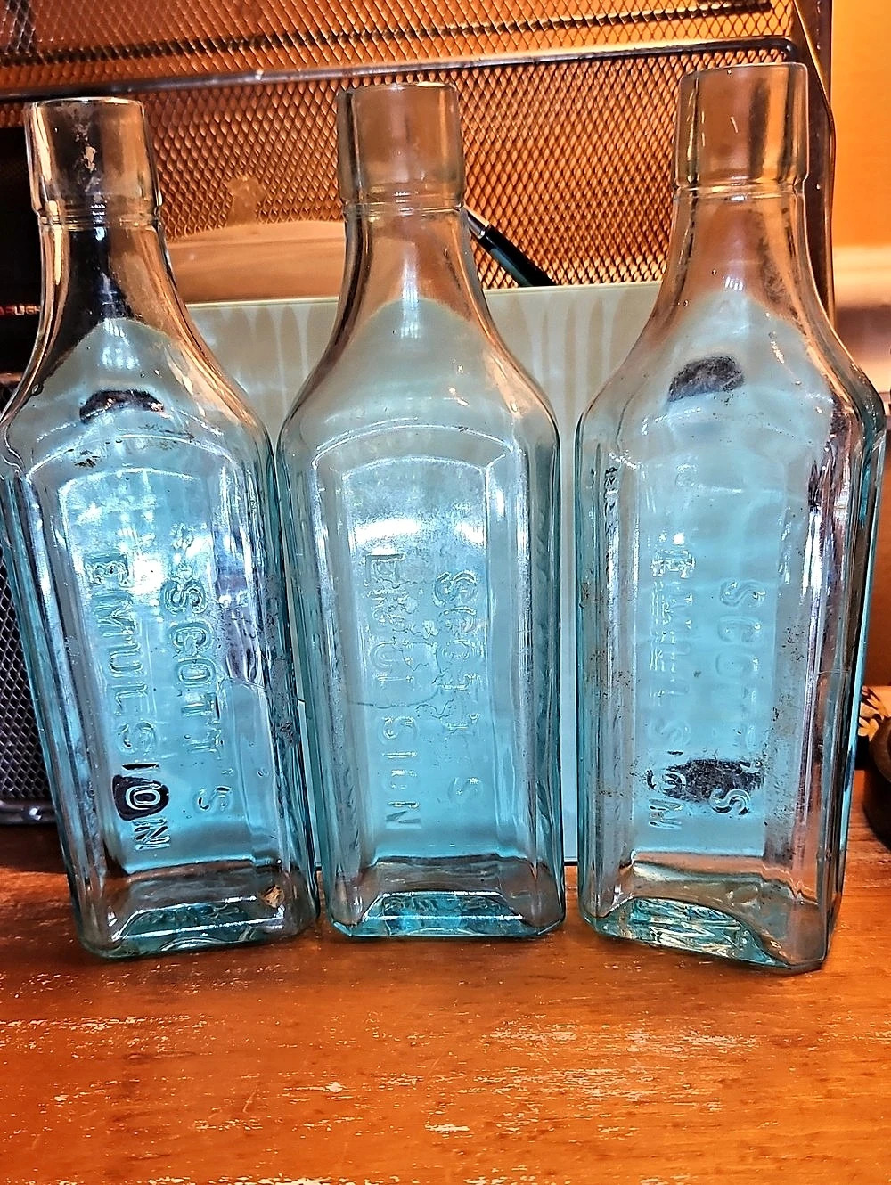 Vintage Scott's Emulsion Aqua Glass Medicine Bottle Set of 3